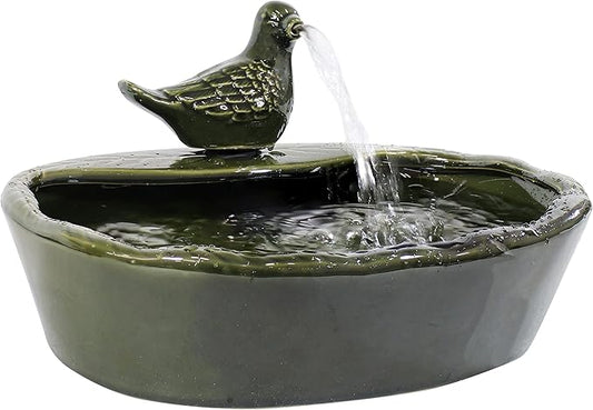 Sunnydaze Ceramic Solar-Powered Water Fountain - Green Glaze - Low-Voltage Submersible Pump with Filter - Dove
