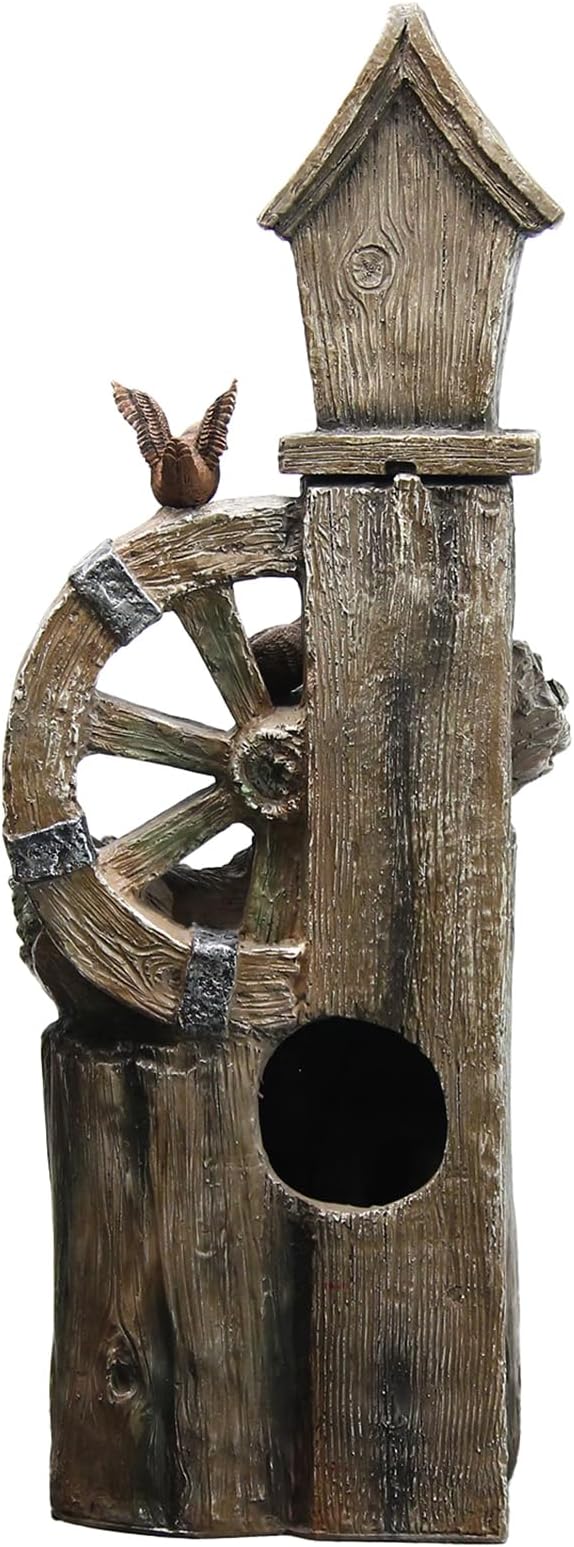 YZM 38.38" H Water Fountain Outdoor Garden 3-Tier Birdhouse Waterfall Fountain with Faucet Tree Trunk Indoor Floor Cascading Water Feature with LED Lights for Patio Yard Home Backyard Decor