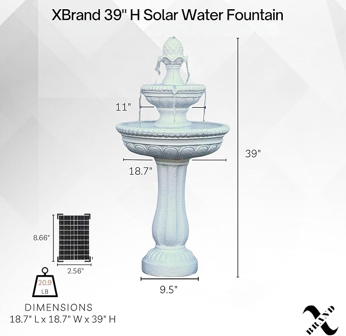 XBrand 39" 2-Tier Outdoor Freestanding Solar Water Fountain - Classic Design, White Resin Bird Bath with Pump - Ideal for Yard, Lawn and Garden, Porch Décor