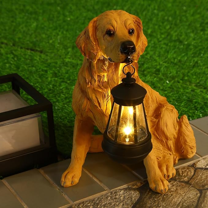 Baquler Garden Dog Statues Outdoor Decor, Resin Solar Lights Outdoor Statue Led Garden Decorations Windproof Lamp Lawn Ornaments Front Yard Decorations Outdoor for Porch Home Patio(Golden Retriever)
