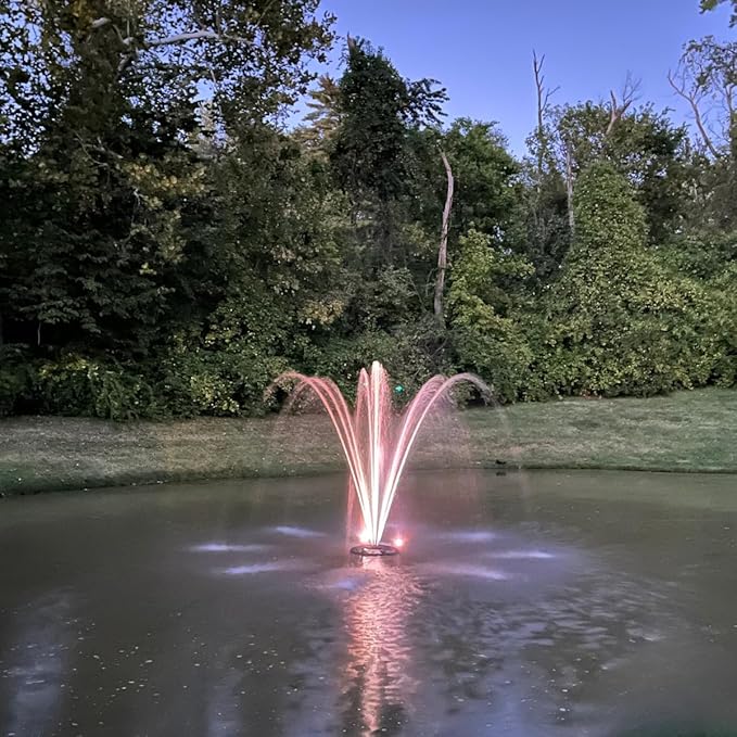 HALF OFF PONDS Floating Fountain, 1.5 HP Pond Aerator, 200 ft Cord, 12,500 GPH Water Pump, 11 Spray Patterns, Energy-Efficient, Color-Changing LED Lights, Large Ponds, Lakes & Water Gardens