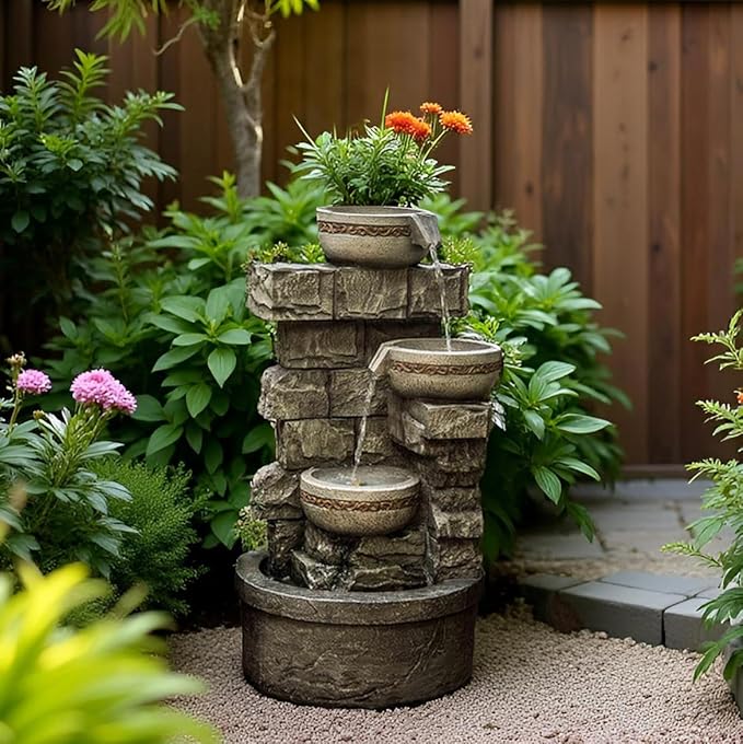 Cheng Pin 3 Tiers Water Fountain Outdoor - 28 Inch Tall Cascading Bowls and Stacked Stones Design, Create Relaxing Waterfall Flow Water Feature for Your Garden, Patio, Backyard,Lawn