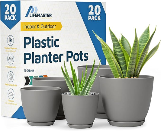 Planter Pots with Drainage Holes - Lightweight, Durable & Space-Saving Pots for Indoor and Outdoor - Versatile Functionality, Simple Modern Design, Set of 20 Plastic Planter Pots - Gray
