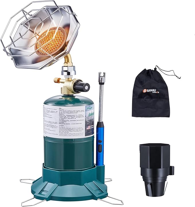 Portable Propane Camping Heater, 6200BTU 2-in-1 with Cup Holder & Base, Cordless Heater for Tent, Garage, Fishing, Compatible with 1lb Propane Tank (Fuel Not Included)
