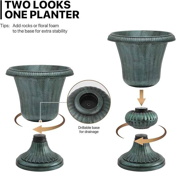 MoNiBloom 20-Inch Plastic Urn Planter Vase for Outdoor Indoor Plants Garden Patio Vintage Decorative Wedding Pedestal Roman Flower Pot Decoration Retro Home Front Porch Door Decor (Dark Green)