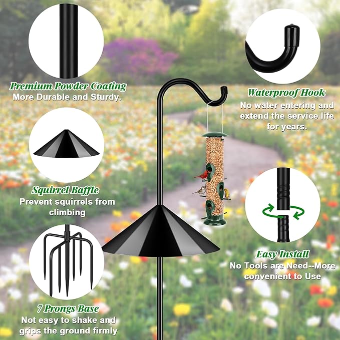FEED GARDEN 92’’ Bird Feeder Pole Squirrel Proof 1 Pack, Adjustable Tall Shepherds Hooks for Outdoor with 7 Prongs Base, Heavy Duty Shepherd Hook with Baffles, Pole for Bird Feeder, Plant Baskets - Image 3