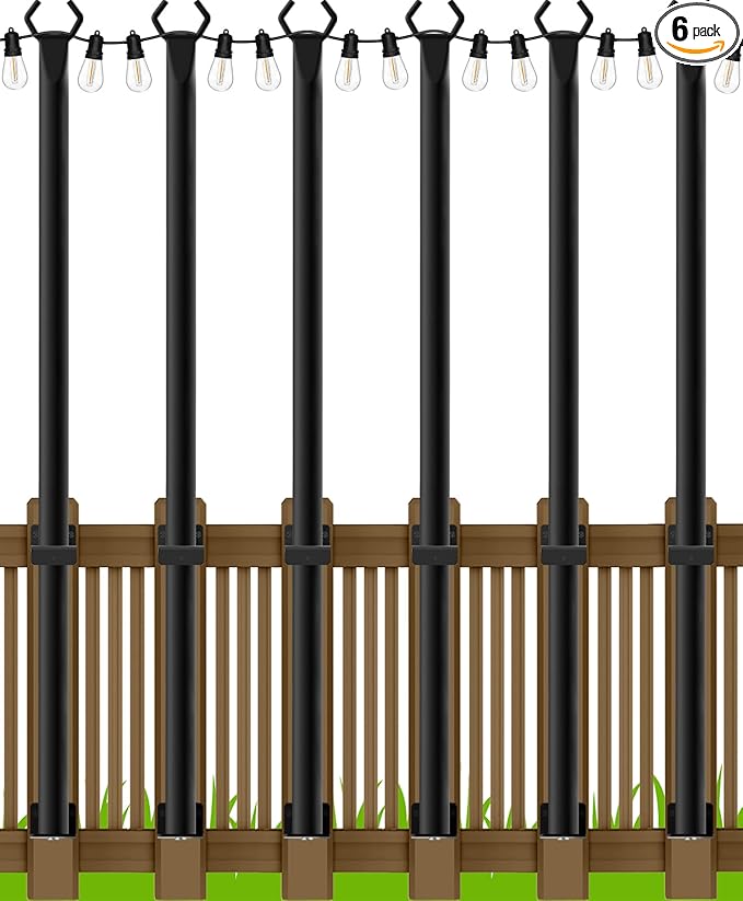 AILBTON 4.8Ft String Light Poles 6 Pack,Light Poles for Outside Lights,Outdoor with Fence Brackets Hanging Lights,Metal Stand Deck Patio Backyard