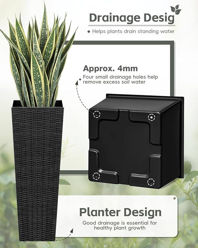 32 Inch Tall Plastic Planters(Set of 2), Detachable Inner Pot & Drainage Holes, Outdoor Decorative Flower Pots for Large Plants, Trees, Patio, and Garden, Black