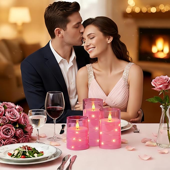 Homemory Flameless Candles with Embedded Star String Fairy Lights, Battery Operated Candles, LED Candle, Fake Candles with Remote Control and Timer, Pink, Set of 3(H 4" 5" 6?€?)