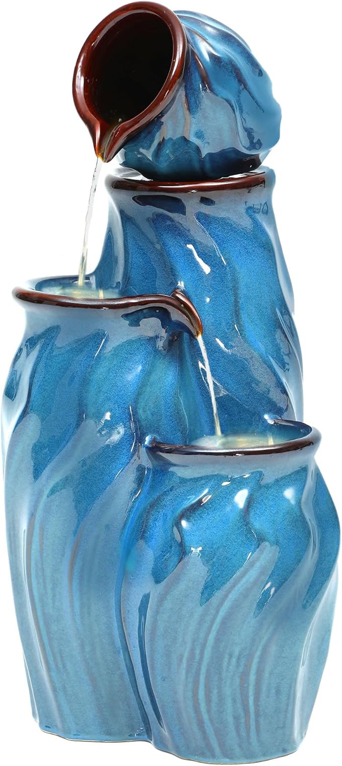 29" Outdoor Water Fountain, Ceramic Outdoor Fountain, Stacked 4-Tier Pots Waterfalls for Garden, Patio, Yard, or Porch Decor, Creating Relaxing Serene Oasis, Dynamic Wave-Texture, Turquoise