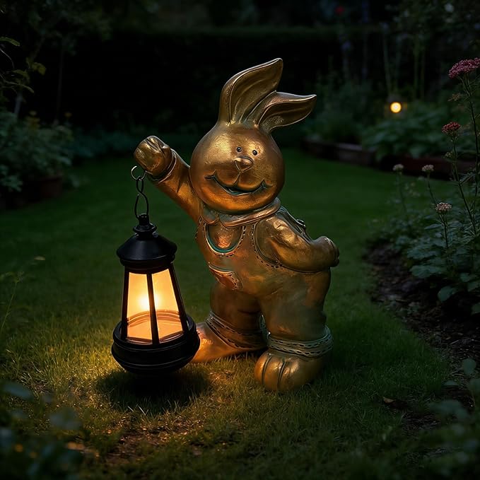 Outdoor Bunny Statue Solar Lantern for Garden Yard Lawn Patio Bronze Rabbit Figurine Decorations Housewarming for Mom Grandma Women
