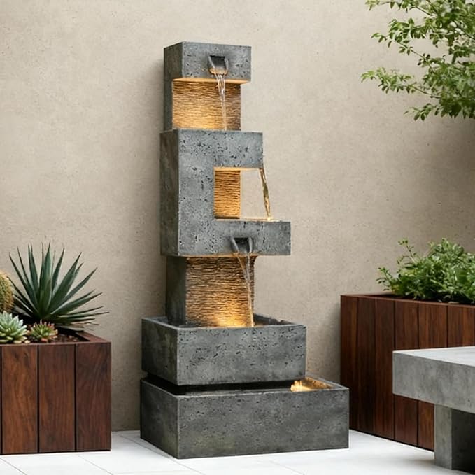 48" Tall Modern 4-Tier Outdoor Water Fountain with LED Lights, Freestanding Cascading Waterfall for Garden, Patio, Porch & Yard Décor Outdoor Clearance