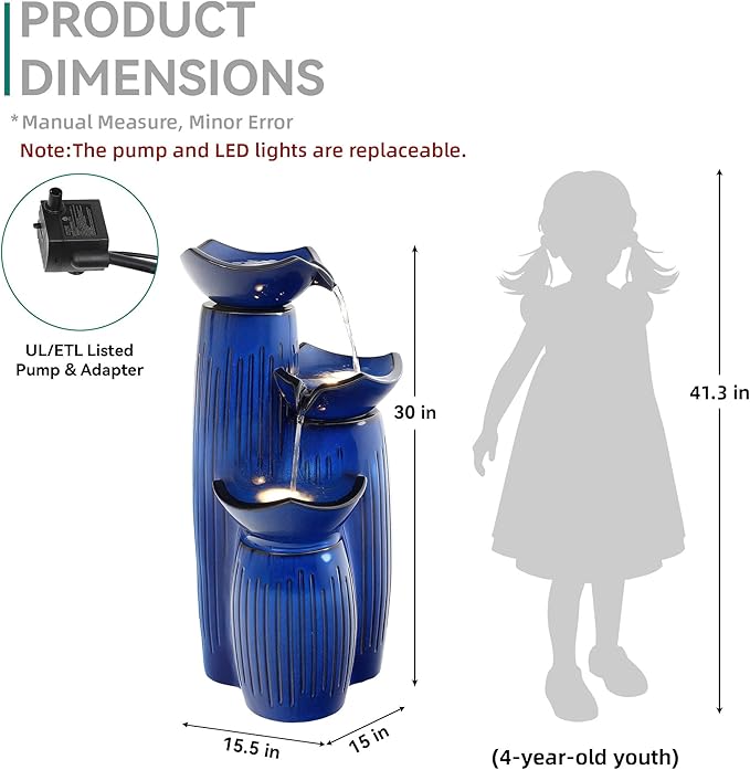 30" H Ceramic Outdoor Water Fountain with LED Lights, 3-Tier Cascading Lotus Bowls Water Feature, Soothing Cascading Waterfall for Garden, Patio, Yard, Cobalt Blue Vertical Striped Texture