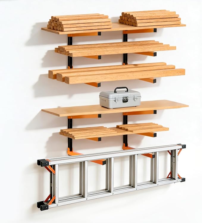 Wall Mounted Lumber Storage Rack and Wood Organizer, Heavy Duty Steel Shelf Brackets for Garages Workshops & Outdoor Sheds, Space Saving Metal Wall Rack by Home
