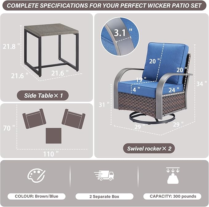 Belord Outdoor Swivel Rocker Patio Chairs Set of 2, 3 Piece Wicker Patio Bistro Set with Metals Side Table and Comfort High Back 4" Cushion Outdoor Patio Glider Chair for Balcony Deck Porch