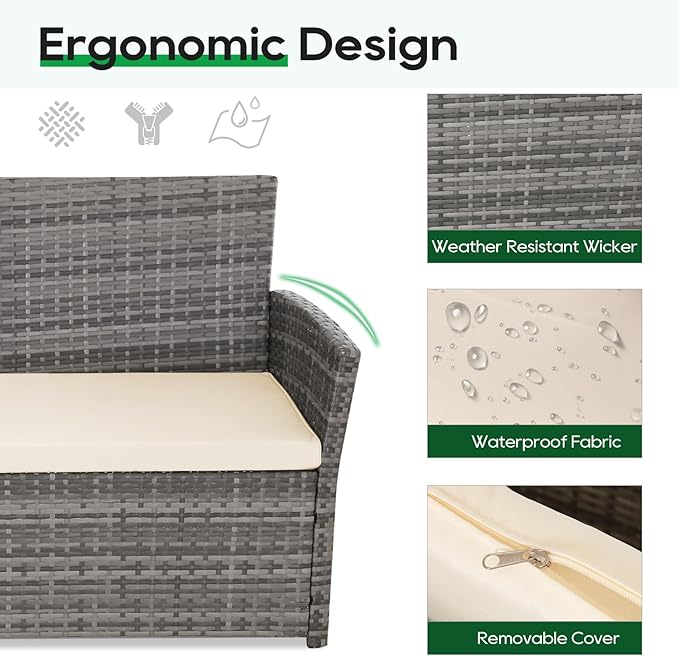4 Piece Patio Furniture Set, Outdoor Wicker Conversation Set with Coffee Table, Modern Weather-Resistant Rattan for Porch Garden Lawn, Gray Wicker/Beige Cushion