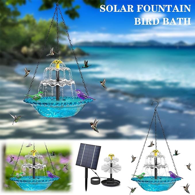 Solar Cascade Hanging Bird Bath Fountain, Tiered Cascade Solar Water Fountains No Wiring, Attracts Hummingbirds & Garden Birds for Outdoors Garden Patio Backyard Lawn Decor (Purple)