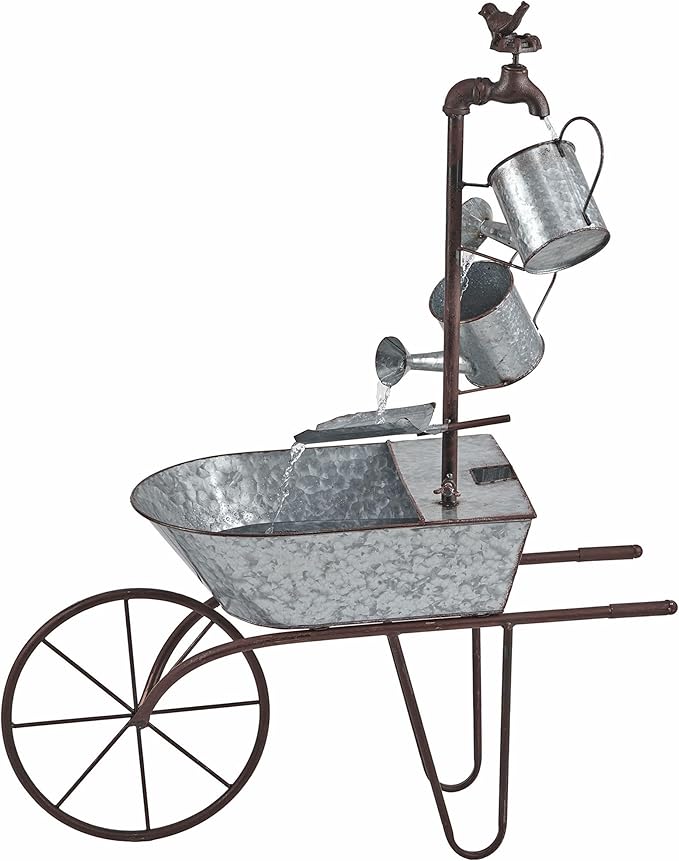 Alpine Corporation MCC574 Outdoor Floor Galvanized Shovel Pitcher Bucket Fountain, 41" Vintage Garden Water Feature, Patio & Backyard Décor, Gray