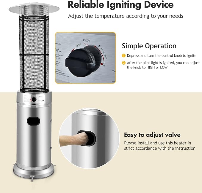Tangkula Outdoor Heater, 40,000 BTU Stainless Steel Outdoor Patio Heater with Wheels, Quartz Glass Tube, Tip-over & Flameout Protection, Patio Heaters for Outdoor Use, Porch, Outside