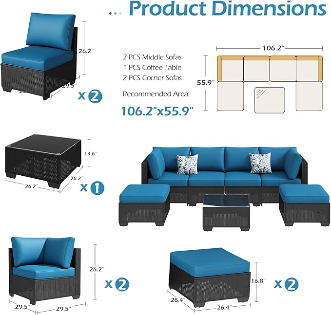 U-MAX 7 Piece Outdoor Patio Furniture Set with Extra 43 Inch Fire Pit Table, PE Rattan Wicker Sofa Set, Outdoor Sectional Furniture Chair Set with Tea Table, Black Rattan and Peacock Blue Cushion