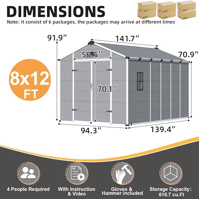 MELLCOM 8 x 12 FT Plastic Outdoor Storage Shed with Floor, Outdoor Resin Storage Tool Shed with Windows and Lockable Door, Resin Garden Shed for Lawnmower, Bike, Garbage Can - Image 2