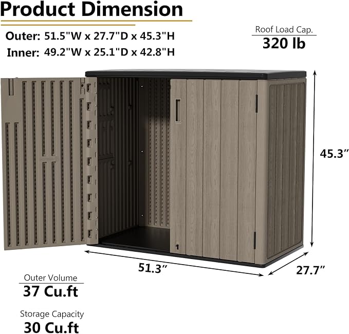 ZZM 37 Cu.ft Outdoor Storage Shed Double-Wall HDPE Storage Cabinet, Waterproof Plastic Sheds with Floor Horizontal Lockable Garden Tools Trash Can, Lawn Mower, Bike Storage, Brown - Image 4