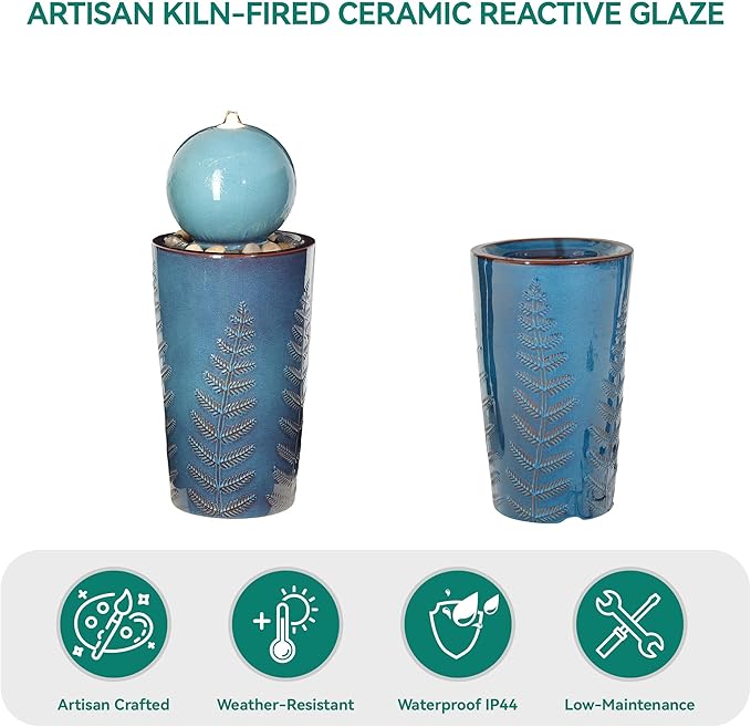 29.5" H Ceramic Sphere Water Fountain with LED Lights, Modern Nature-Inspired Design, Teal Blue Glaze with Leaf Patterns & Pebbles, Soothing Trickling Water Feature for Patio, Yard and Garden