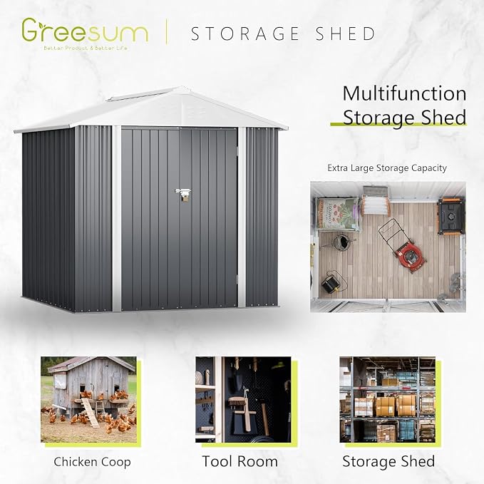 Greesum 6x4FT Outdoor Storage Shed, Utility Tool Shed Metal Storage Garden Shed with Door & Lock for Patio Storage, Gray - Image 5