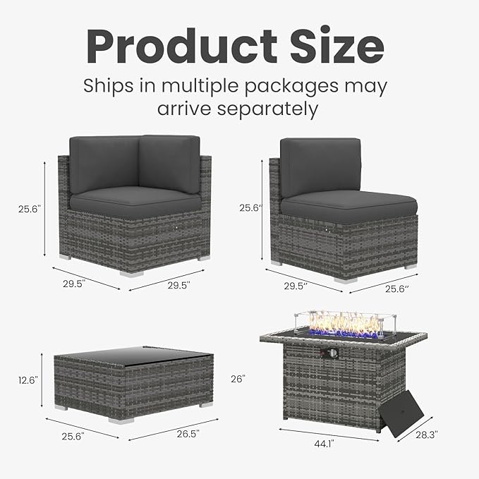 8 Pieces Patio Furniture Set with 44" Propane Gas Fire Pit Table, Outdoor Sectional Wicker Conversation Sofa Sets with Coffee Table