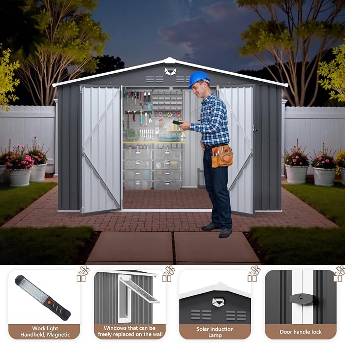 10x8 FT Outdoor Storage Shed, Metal Garden Shed - Tool Storage Sheds with Lockable Doors & 1 Vented Clear Window, Waterproof Outside Storage Building for Backyard, Patio (Black; Floor Not Included) - Image 2