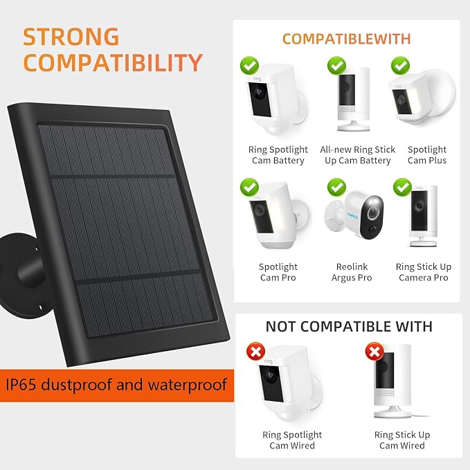 USB-C to Ring Barrel Plug 8Pack 4W Solar Charger for Ringing Spotlight & Stick Up Outdoor Cam, Black, High Efficiency, 10FT/3M Long Cable with IP65 dustproof and Waterproof - Image 3