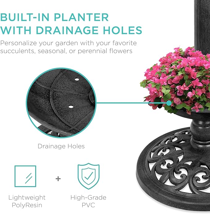 Best Choice Products Outdoor Solar Lighted Pedestal Bird Bath Fountain Decoration w/Planter, Integrated Panel, Scroll Accents for Lawn, Garden - Black