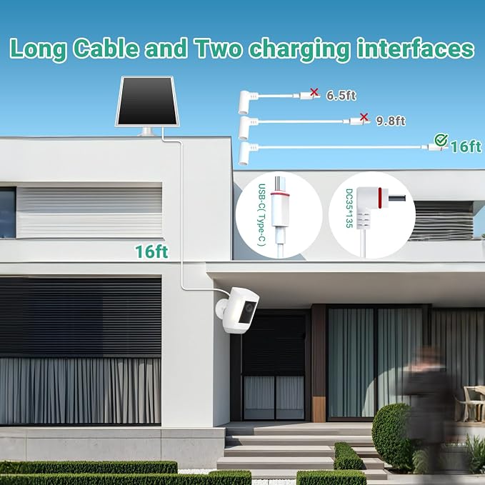 Solar Panel for Ring Camera, 6W Solar Charger with USB-C & Barrel Plug for Ring Stick Up Cam Plus/Pro & Spotlight Cam Battery Series, Waterproof, 16ft Cable, White - Image 6