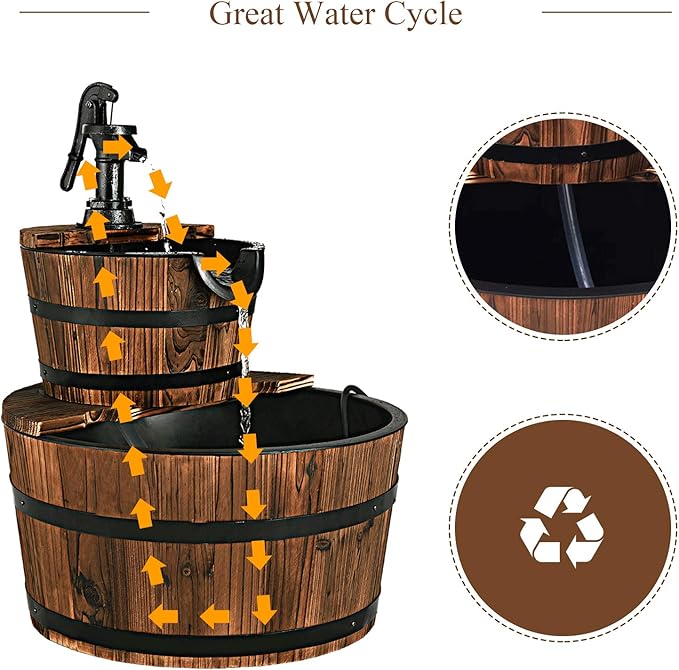 S AFSTAR 2-Tier Barrel Water Fountain Outdoor, Rustic Cascade Fountains with Hand Pump & Adjustable Water Flow, Freestanding Fountains for Garden Patio Backyard Porch Decor