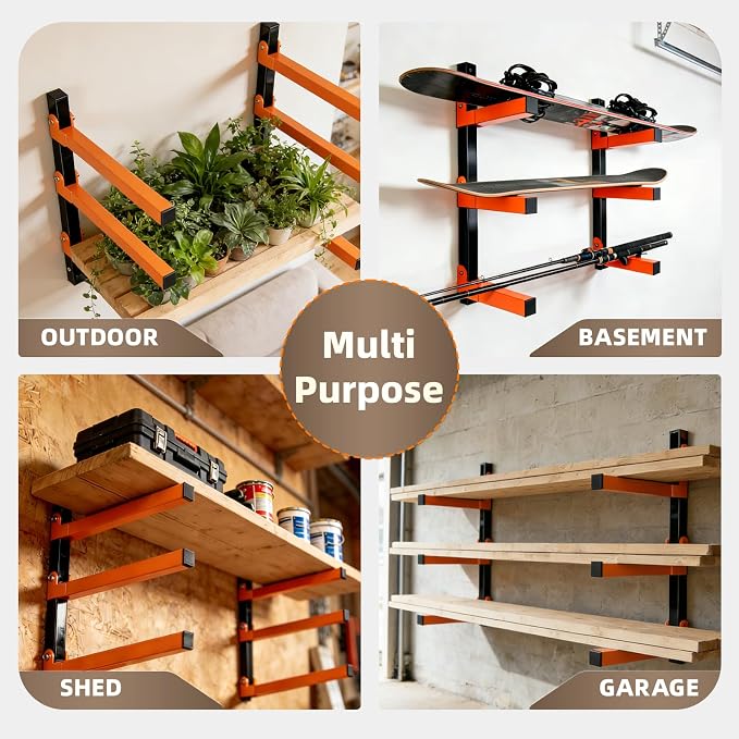 Wall Mounted Lumber Storage Rack and Wood Organizer, Heavy Duty Steel Shelf Brackets for Garages Workshops & Outdoor Sheds, Space Saving Metal Wall Rack - Image 8
