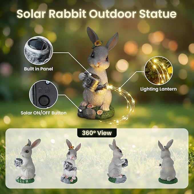 Solar Rabbit Garden Statues Outdoor Decor, Resin Rabbit Figurine Decorations with Solar Light, Whimsical Bunny Sculpture for Patio, Balcony, Yard, Lawn Ornament, Perfect Garden Gift