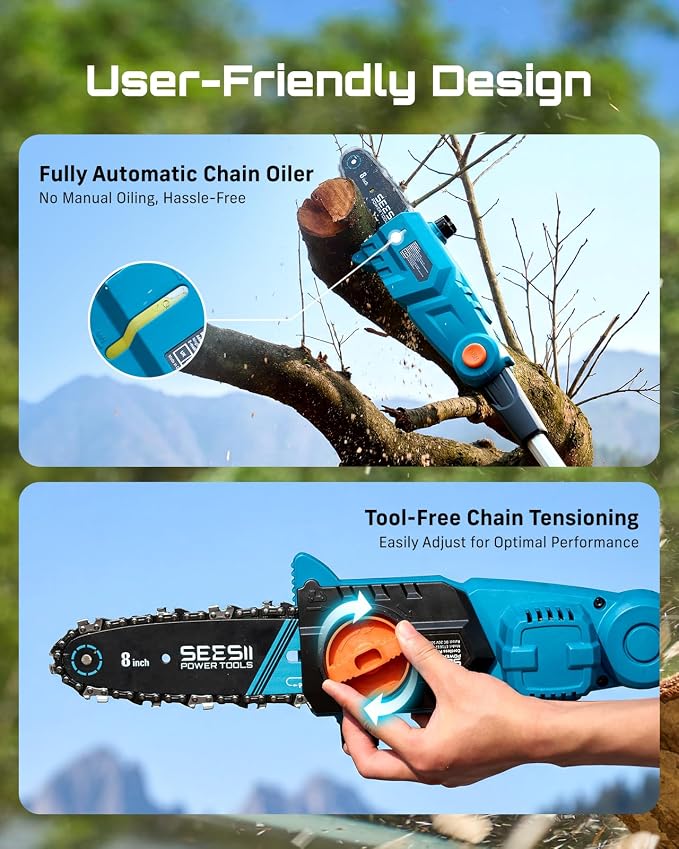 SEESII 8-Inch Electric Pole Saws: 21V Cordless Pole Saws for Tree Trimming, 15-Foot Max Reach, Auto Oiling, Tree Trimmer with 2x4000mAh Battery & Fast Charger, Tree Saw Ideal for Pruning Branches - Image 6