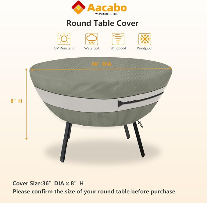Round Patio Table Cover,Suitable for 36 Inch Diameter Patio Round Table,Waterproof Heavy Duty Round Outdoor Coffee Table Cover,Grey Green - Image 2