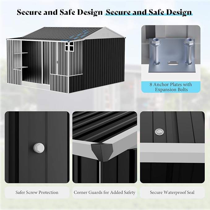VanAcc 10×10.5×7 FT Metal Storage Shed, Dual-Zone Tool Shed with Work Area, Reinforced Frame, Gable Roof, Ventilated Design, Dark Grey - Image 6