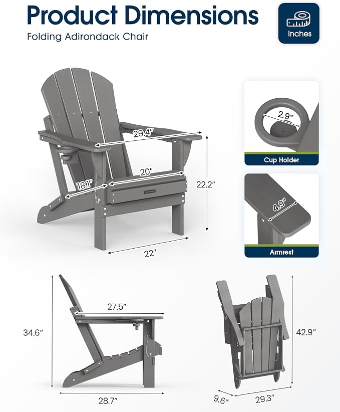 MUCHENGHY Folding Adirondack Chairs, Patio Chairs, Lawn Chairs, Outdoor Chair, Adirondack Chair Plastic, Fire Pit, Weather Resistant with Cup Holder for Deck, Backyard, Garden(Gray) - Image 3