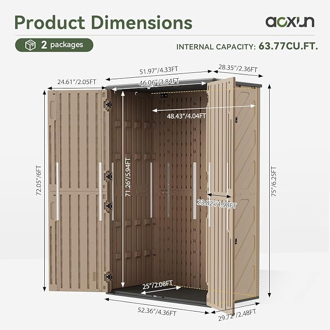 Aoxun Outdoor Storage Shed, 64 Cu.Ft Vertical Storage Sheds Outdoor with Floor, Outdoor Waterproof Storage Cabinet for Garage Storage, Pool Storage (Brown) - Image 7