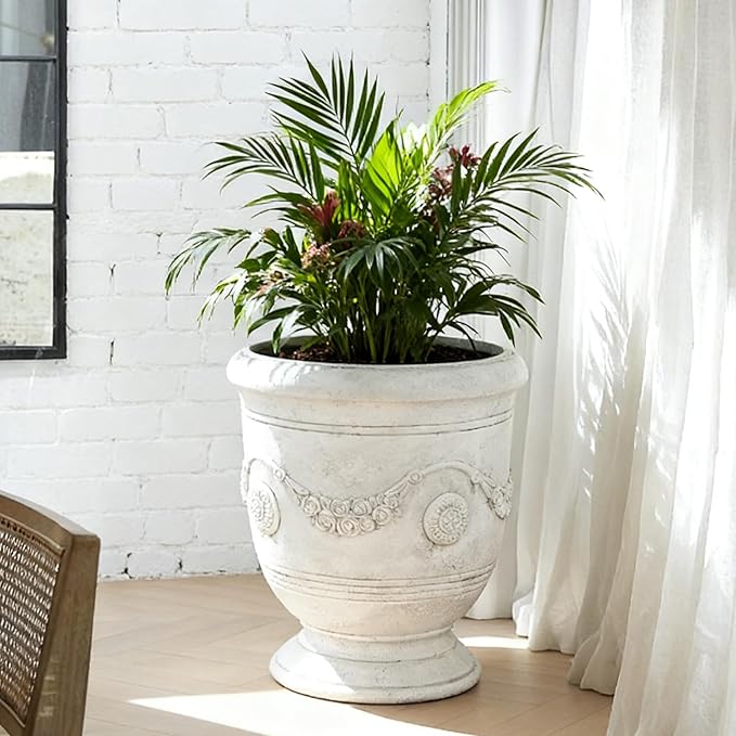 Planters for Indoor & Outdoor Plants, 16.5 Inch Large Magnesium Oxide Urn Planter with Drainage Hole, Decorative Unique Garden Plant Pots for Front Porch & Home Decor, Lightweight, White