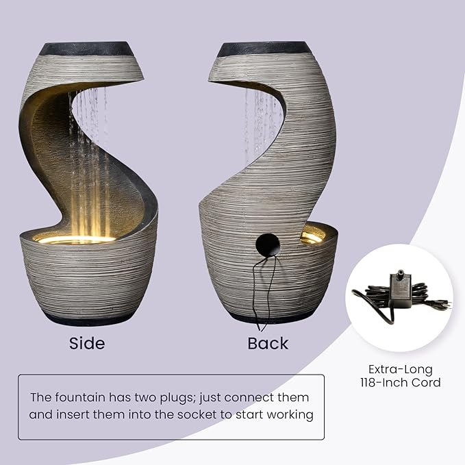 37" H S-Curve Waterfall Fountain, Floor-Standing Outdoor Water Fountain with Light, Modern Garden Water Feature Outdoor Rainfall Indoor Waterfall Feature for Patio Garden Decor