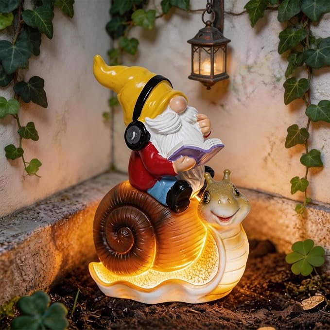 Ferrisland Garden Gnomes Snail Outdoor Figurines with Solar Lights, 10.4 inches Resin Solar Gnomes Decoration Yard Outdoor Garden, Patio Yard Lawn Birthday Housewarming Mother's Day（Gnome on Snail）