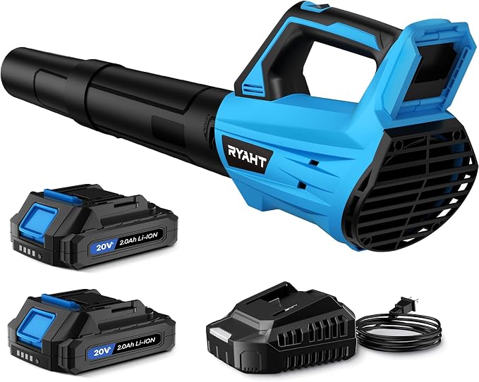 Leaf Blower Cordless, Electric Leaf Blower with 2 Batteries and Charger, 2 Speed Modes, Extension Tube, 20V Powerful Lightweight Blowers for Lawn Care, Blowing Leaves, Patio, Blue by RYAHT
