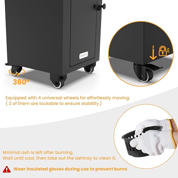 Wood Pellets Patio Heater with Wheels and Ash Box, Safe and Adjustable Outdoor Heaters for Patio. Outdoor Fire Pit for Garden Bonfire Party, Backyard and Beach. Black