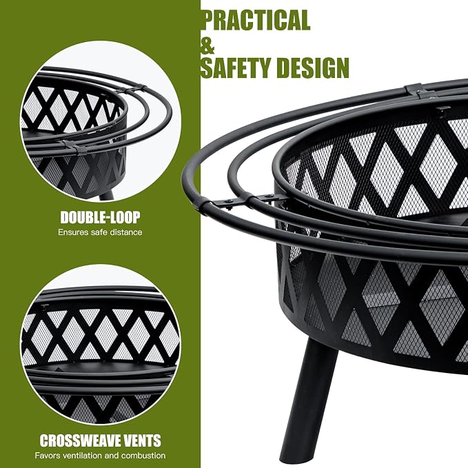 EcoNook 42 Inch Wood Burning Fire Pit with 2 Loops, Outdoor Fire Pit with Spark Screen & Fire Poker, Cross Weave Firepit for Outside Fireplace Bonfire for Yard,Patio, Garden - Image 3