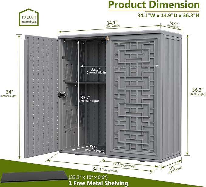 ZZM HDPE Outdoor Storage Shed, Outdoor Plastic Storage Cabinet, Horizontal Resin Tool Shed for Garden, All Weather Outdoor Storage Clearance, DIY Usage, with one Shelf (Gray) - Image 3