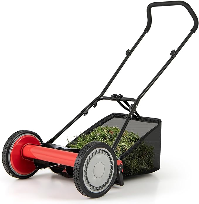 16-inch 5-Blade Push Reel Lawn Mower, Walk-Behind Grass Cutter w/Removable 7 Gallon Grass Catcher Bag & Adjustable Cutting Height, Cordless Manual Lawn Mower for Garden, Lawn, Yard (Red) by BUYNOW