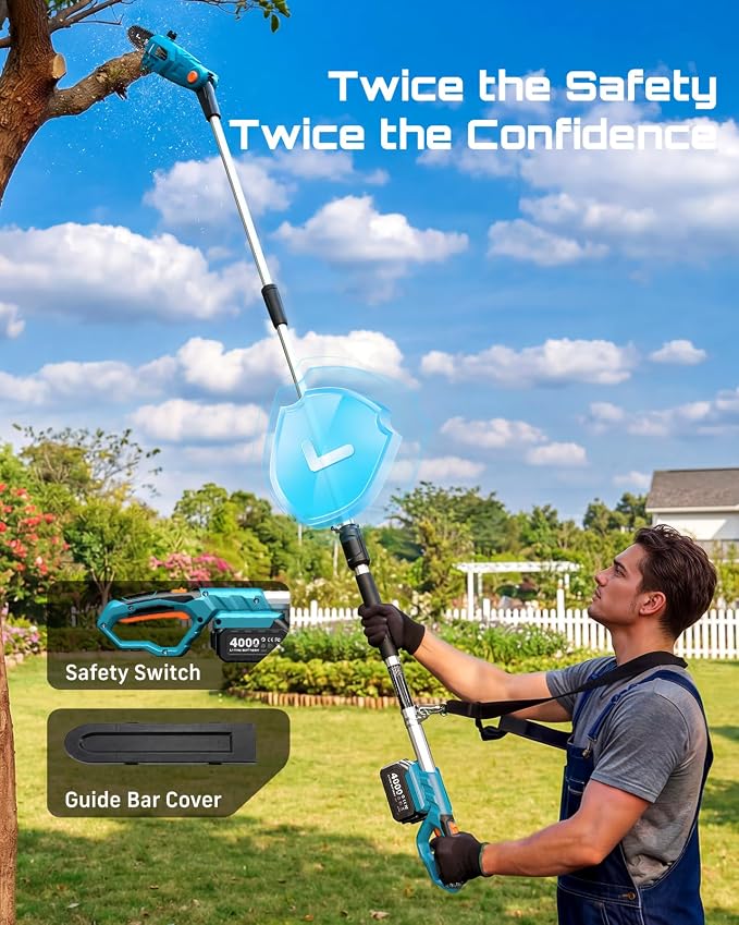 SEESII 8-Inch Electric Pole Saws: 21V Cordless Pole Saws for Tree Trimming, 15-Foot Max Reach, Auto Oiling, Tree Trimmer with 2x4000mAh Battery & Fast Charger, Tree Saw Ideal for Pruning Branches - Image 7